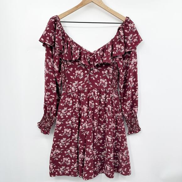 Rebecca Taylor Tilda Floral 100% Silk Ruffle Dress in Burgundy Size 6 - Picture 3 of 14